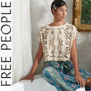 NWT Free People Neutral Toned Cut-Out Embroidered Crop Linen Top